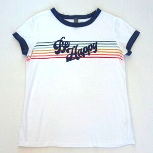 Vintage Style White w Rainbow Stripes “Be Happy” Short Sleeve Ringer T-Shirt XS